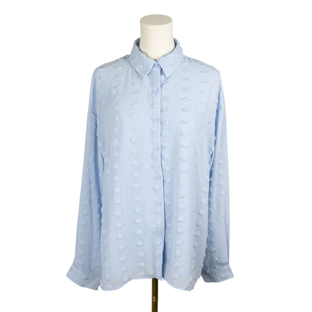 Womens Large Blouse Swiss Dot Button Down Long Sleeve Light Blue